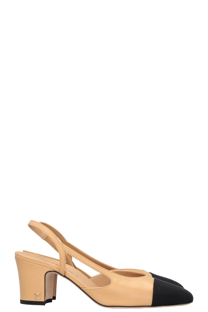 CHANEL Slingback Heels Leather Black Beige