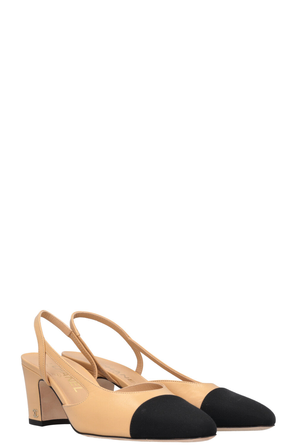 CHANEL Slingback Heels Leather Black Beige