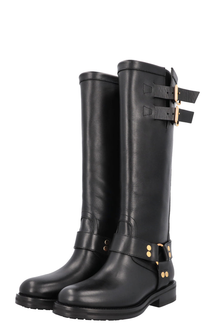 CELINE Knee High Buckled Biker Boots Black