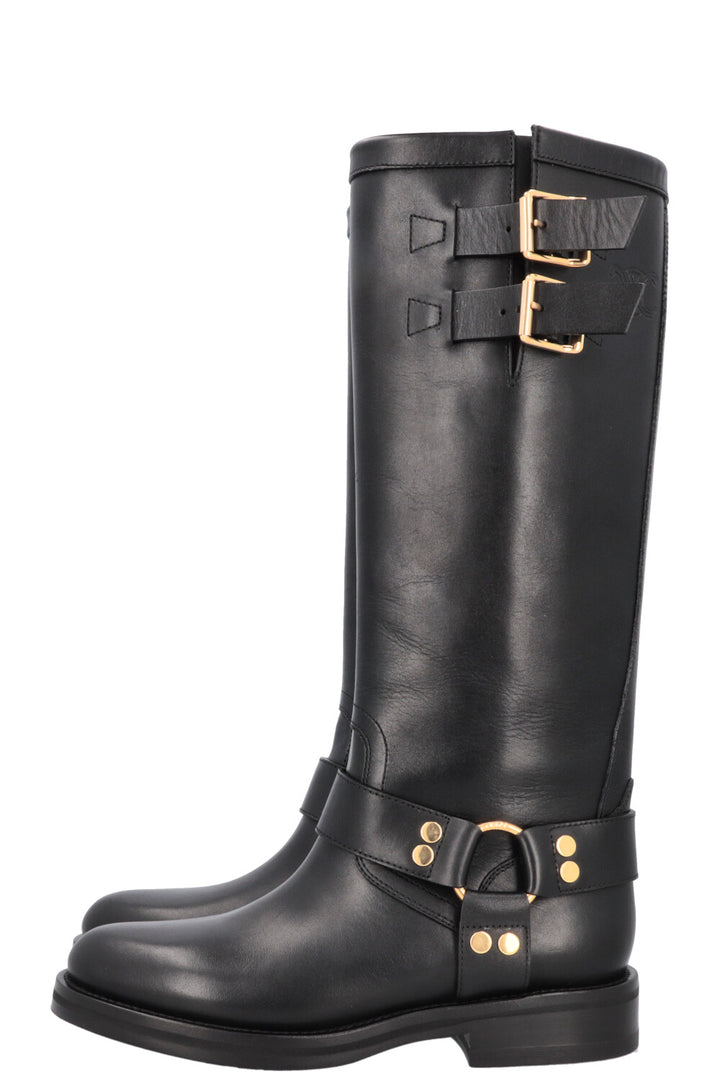 CELINE Knee High Buckled Biker Boots Black