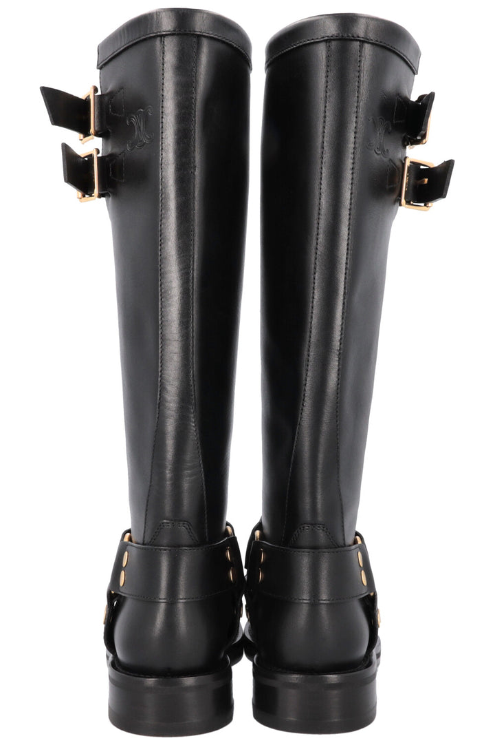 CELINE Knee High Buckled Biker Boots Black