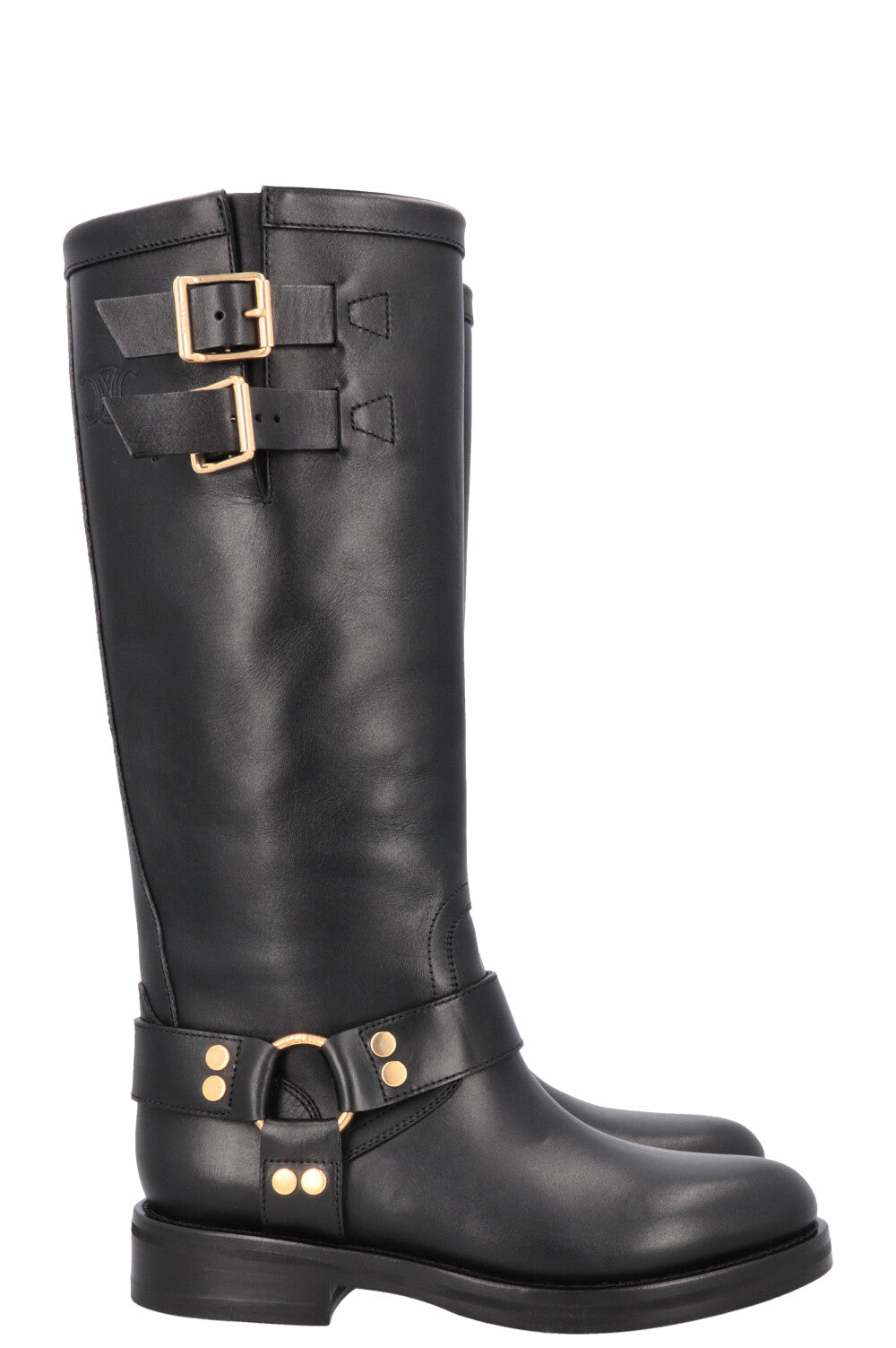 CELINE Knee High Buckled Biker Boots Black