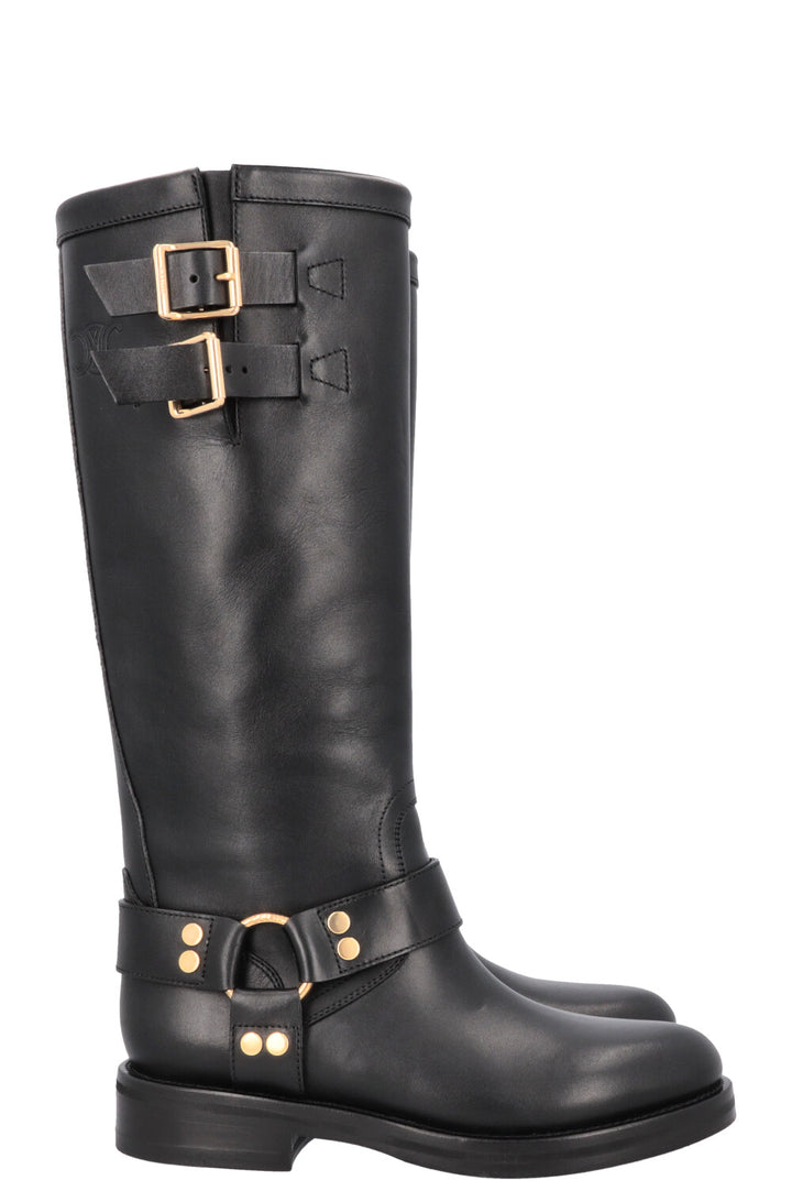 CELINE Knee High Buckled Biker Boots Black