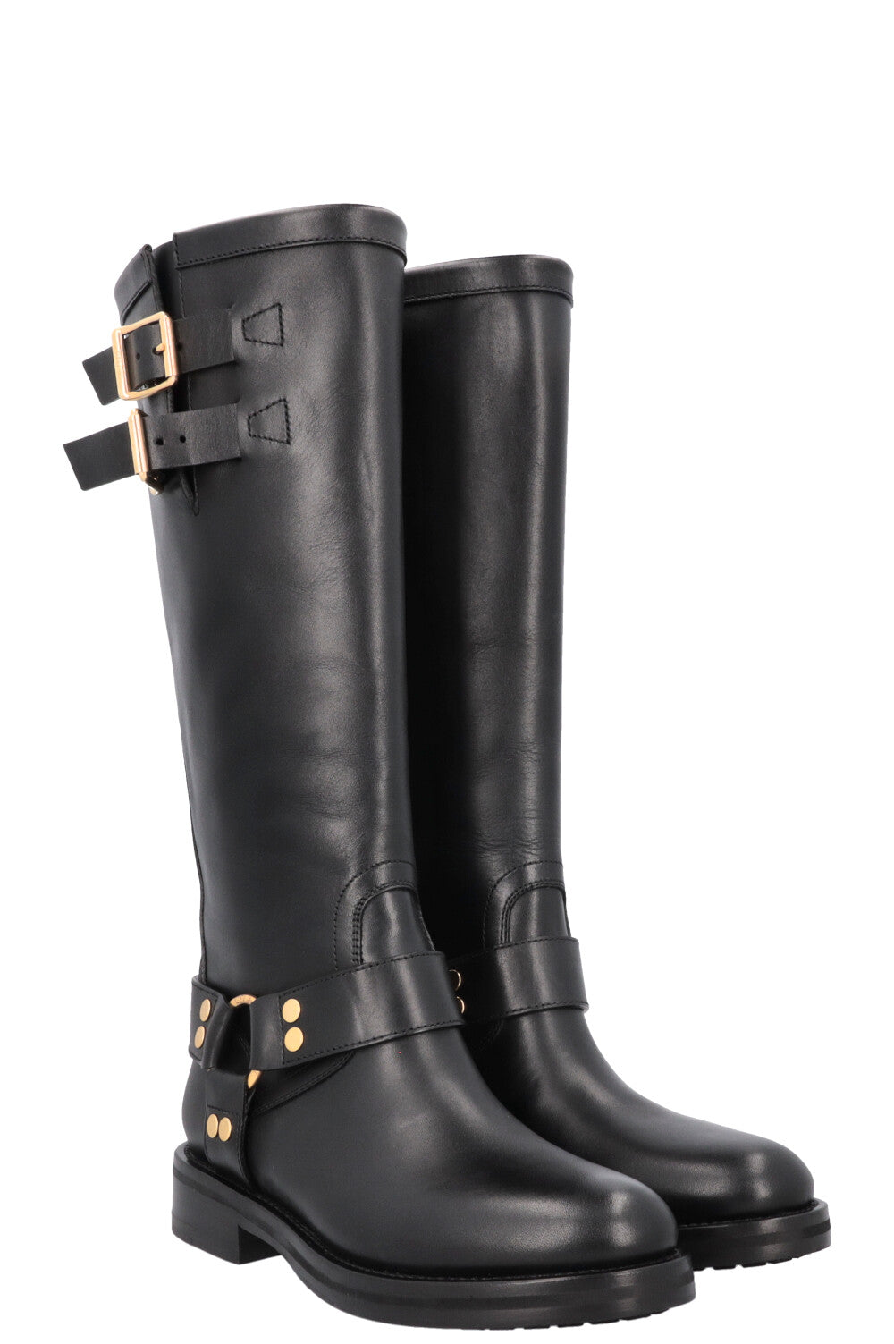 CELINE Knee High Buckled Biker Boots Black