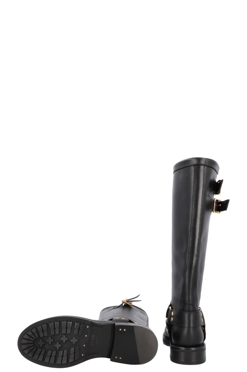 CELINE Knee High Buckled Biker Boots Black