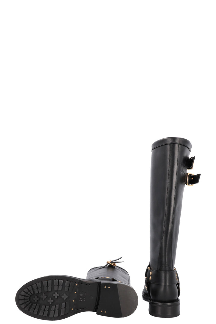 CELINE Knee High Buckled Biker Boots Black