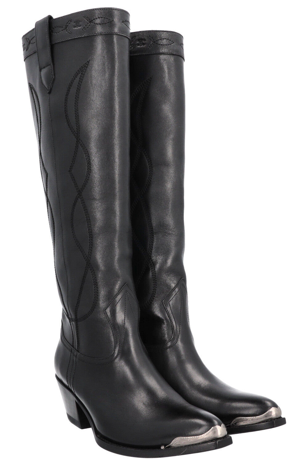 CELINE Knee High Cowboy Boots Black Silver