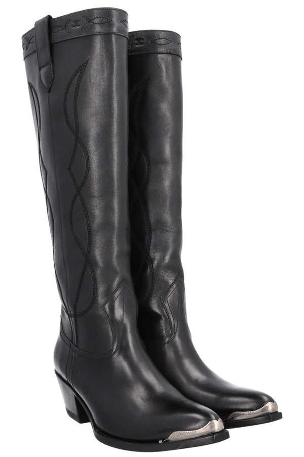 CELINE Knee High Cowboy Boots Black Silver