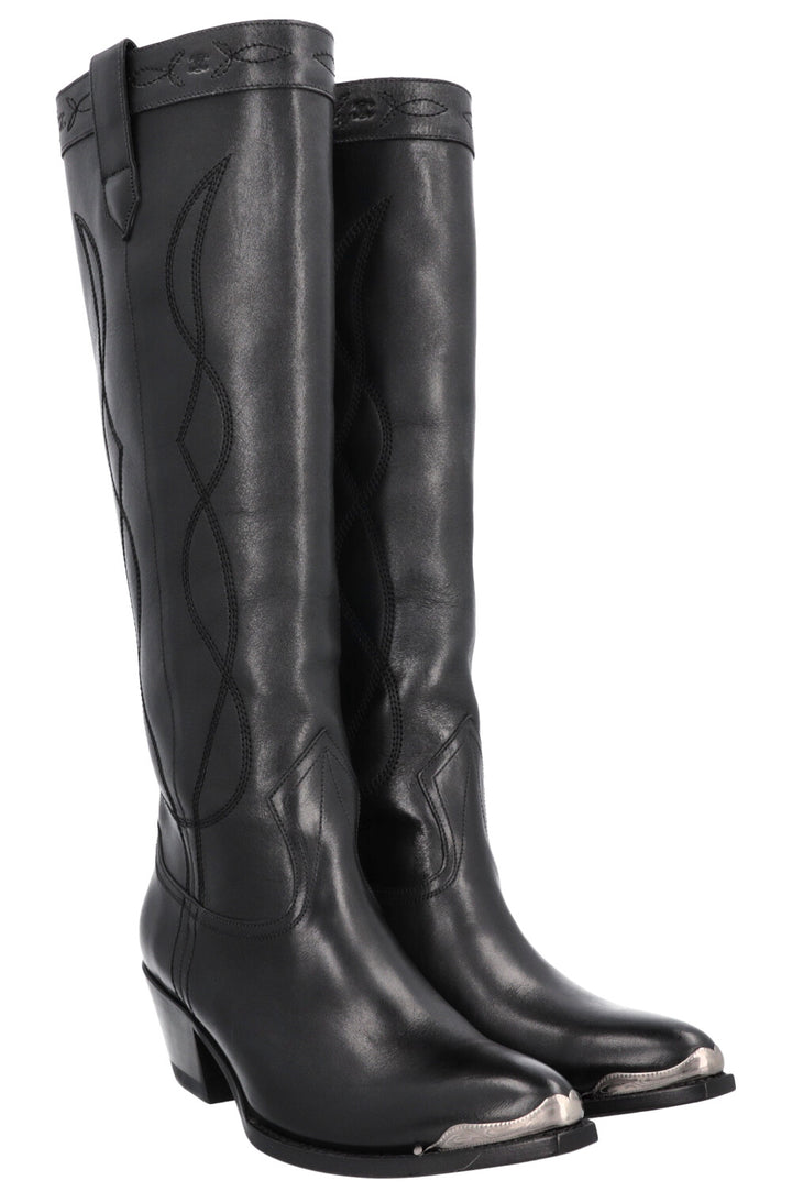 CELINE Knee High Cowboy Boots Black Silver