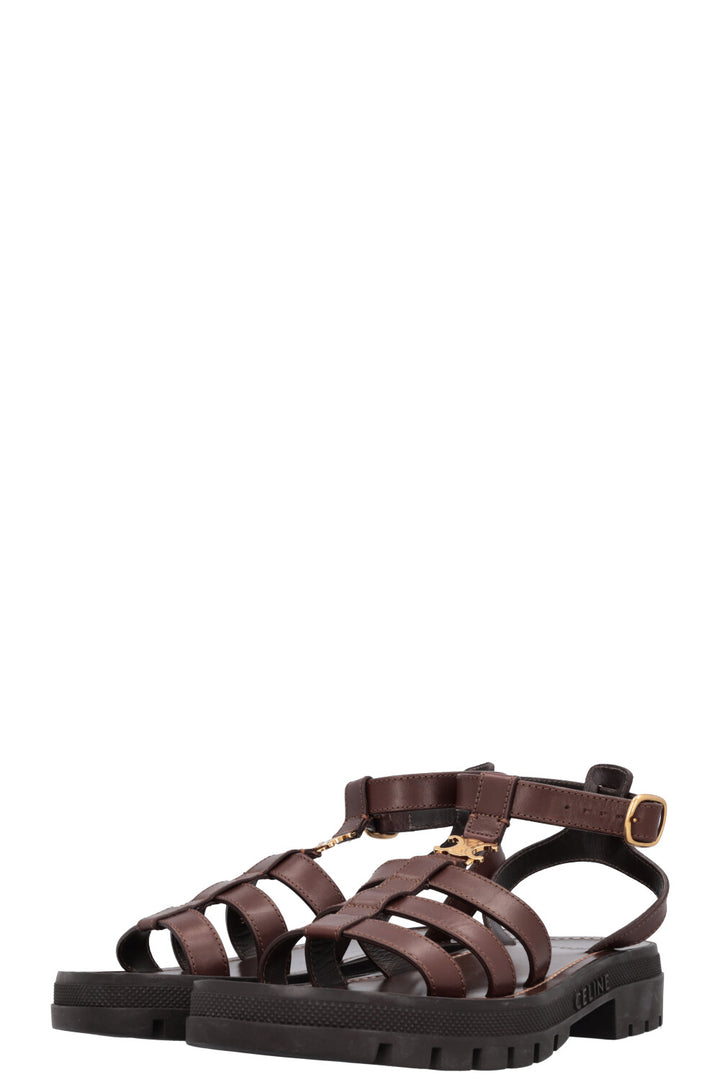 CELINE Clea Triomphe Gladiator Flats Leather Brown