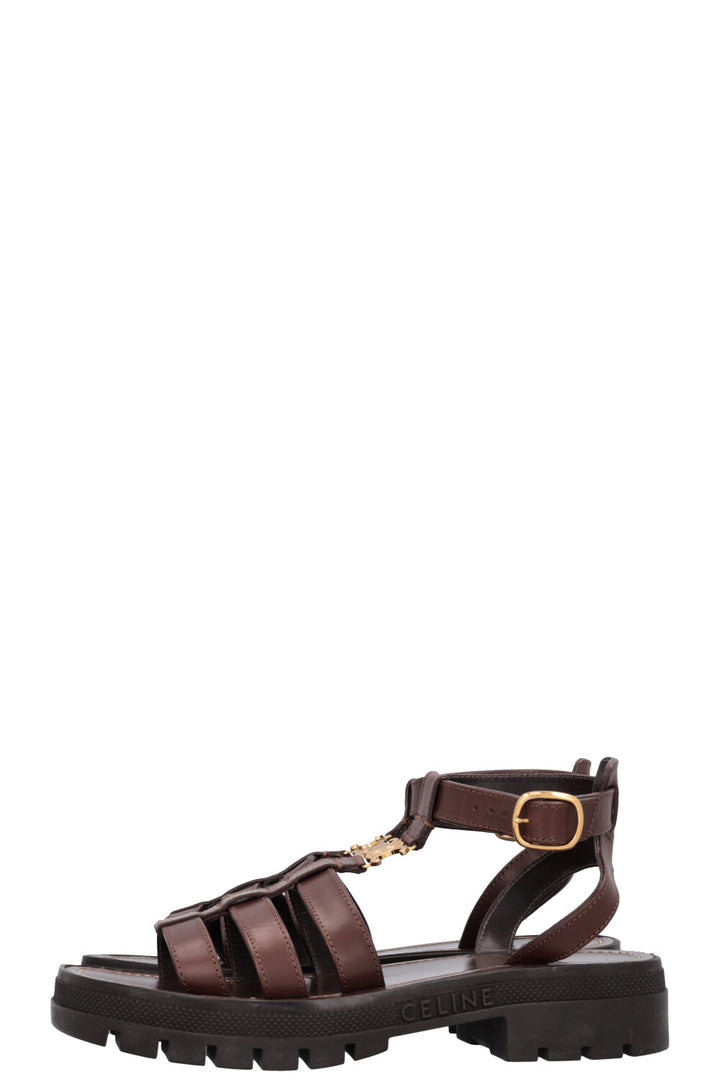 CELINE Clea Triomphe Gladiator Flats Leather Brown