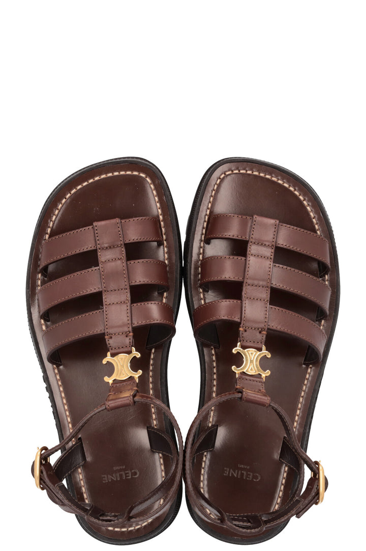CELINE Clea Triomphe Gladiator Flats Leather Brown