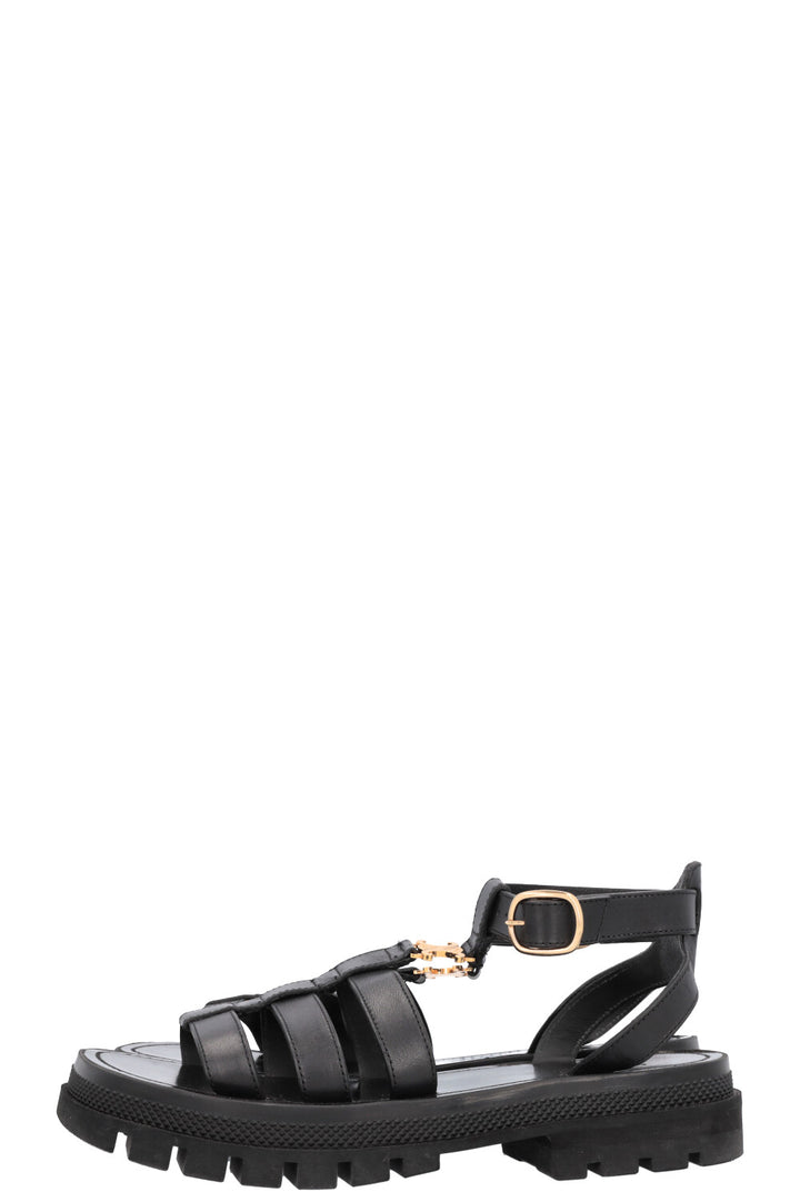 CELINE Clea Triomphe Gladiator Flats Leather Black