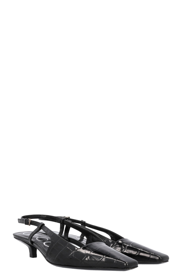 GUCCI Aria Croc Embossed Slingback Heels Black