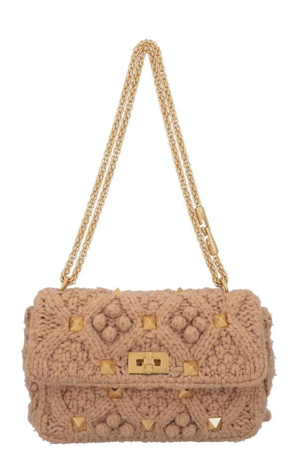 VALENTINO Roman Stud Calbe Knit Bag Beige