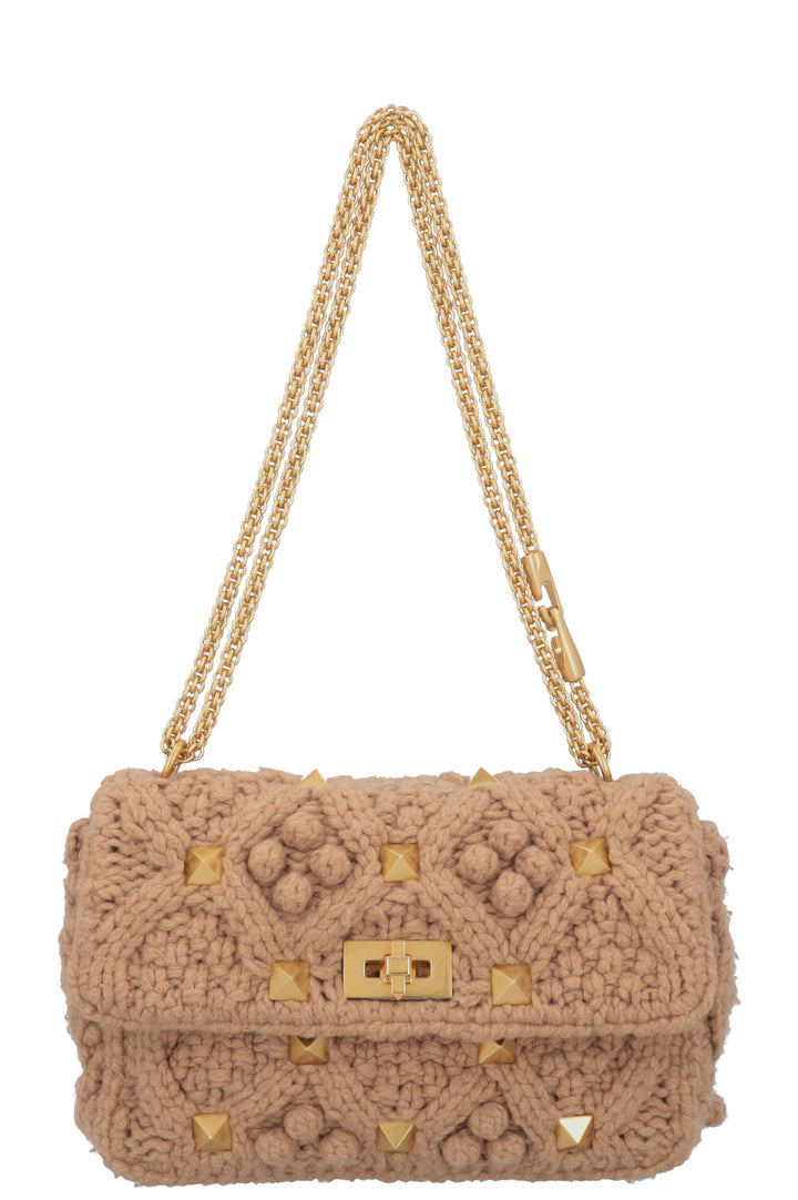 VALENTINO Roman Stud Calbe Knit Bag Beige