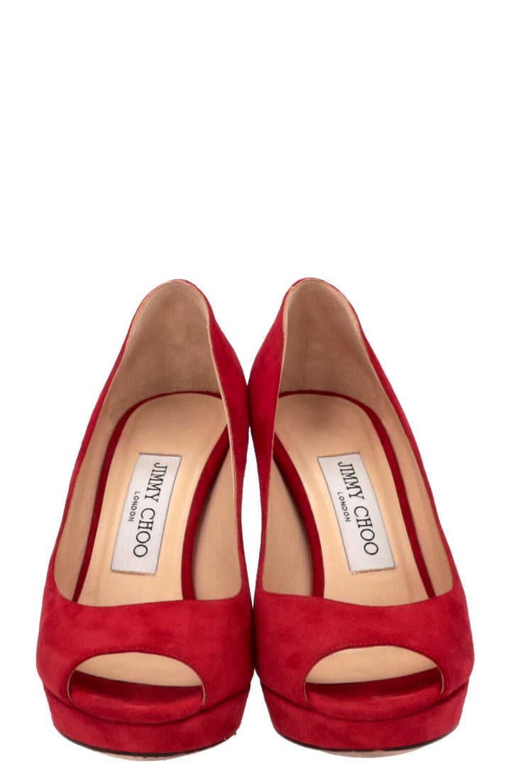 JIMMY CHOO Luna Peep-toe Pumps Suede Red
