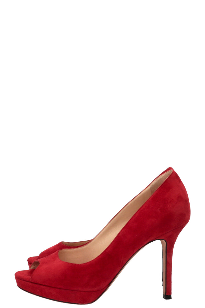 JIMMY CHOO Luna Peep-toe Pumps Suede Red