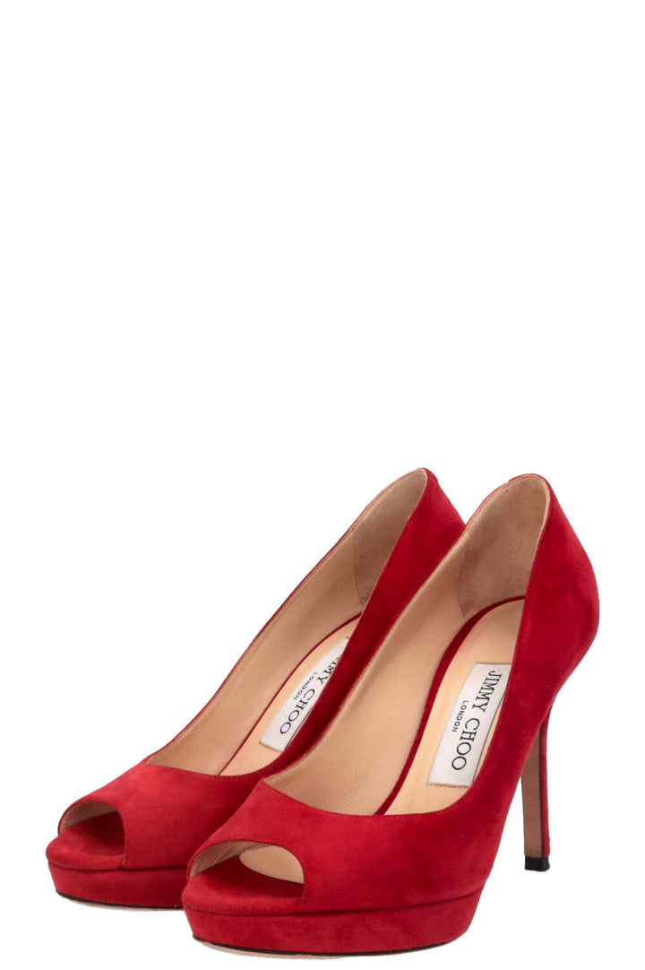 JIMMY CHOO Luna Peep-toe Pumps Suede Red