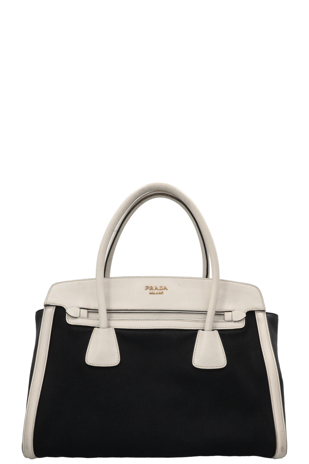 PRADA Sac Bicolore Cuir Toile Blanc Noir