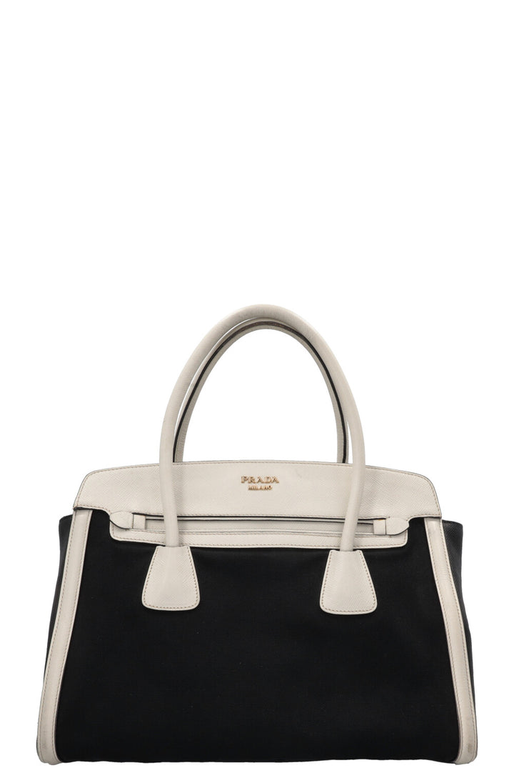 PRADA Sac Bicolore Cuir Toile Blanc Noir