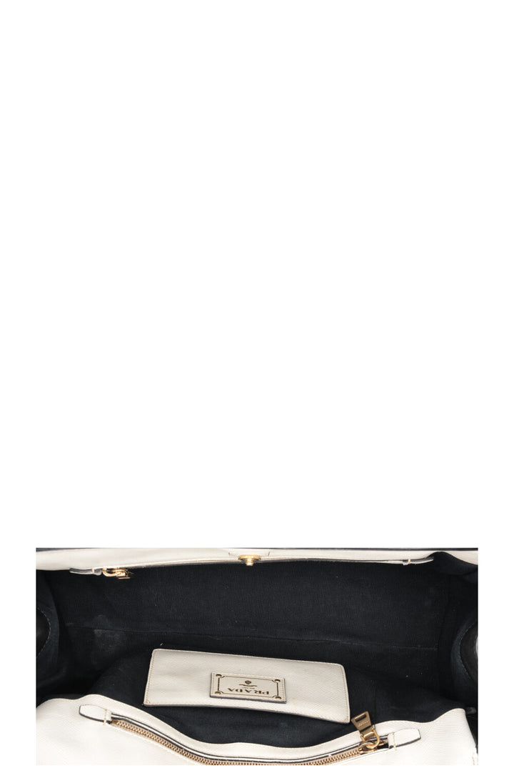 PRADA Sac Bicolore Cuir Toile Blanc Noir