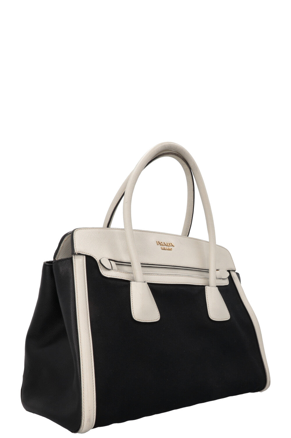 PRADA Sac Bicolore Cuir Toile Blanc Noir