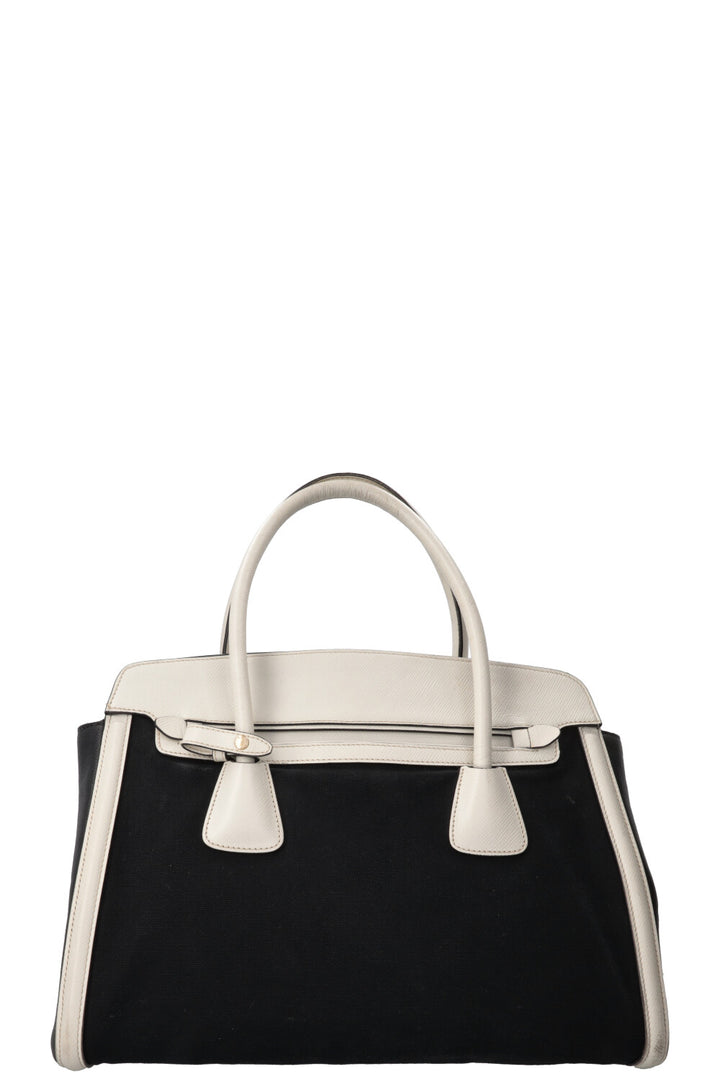 PRADA Sac Bicolore Cuir Toile Blanc Noir