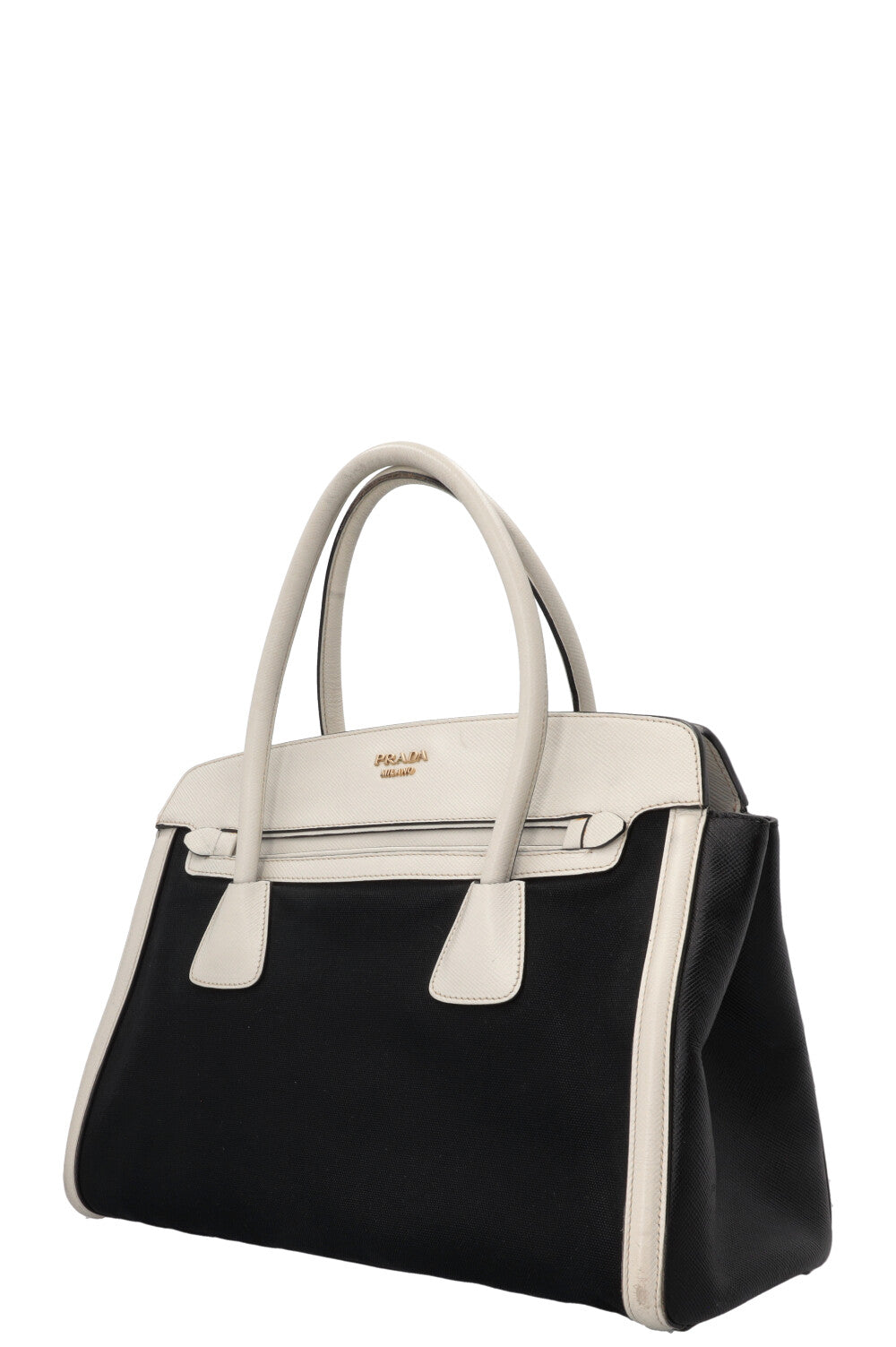 PRADA Sac Bicolore Cuir Toile Blanc Noir