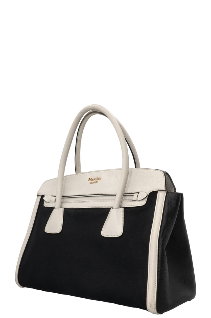 PRADA Sac Bicolore Cuir Toile Blanc Noir