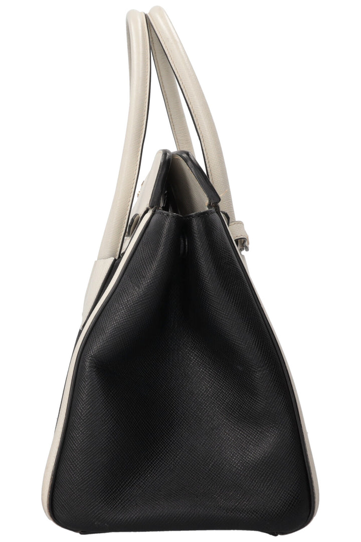 PRADA Sac Bicolore Cuir Toile Blanc Noir