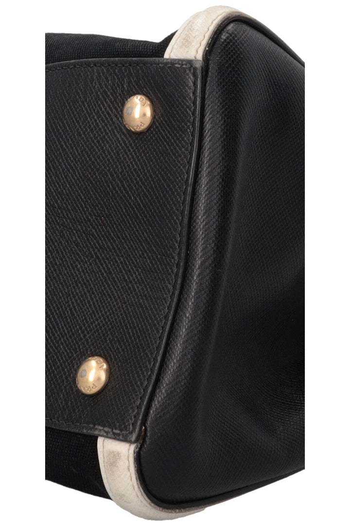 PRADA Sac Bicolore Cuir Toile Blanc Noir