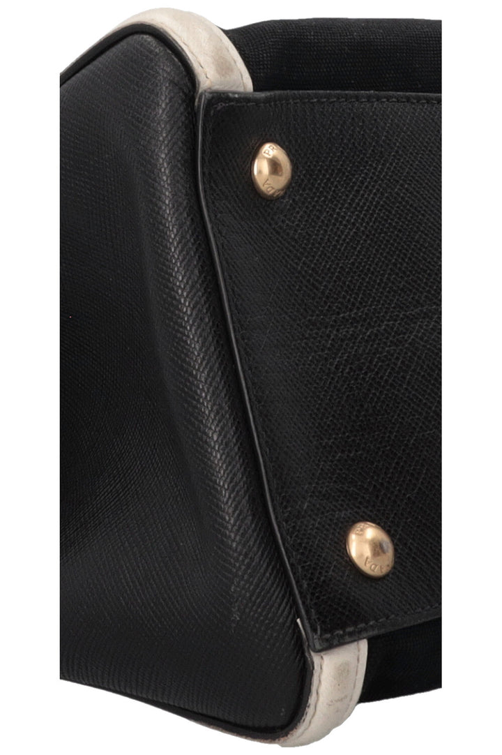 PRADA Sac Bicolore Cuir Toile Blanc Noir