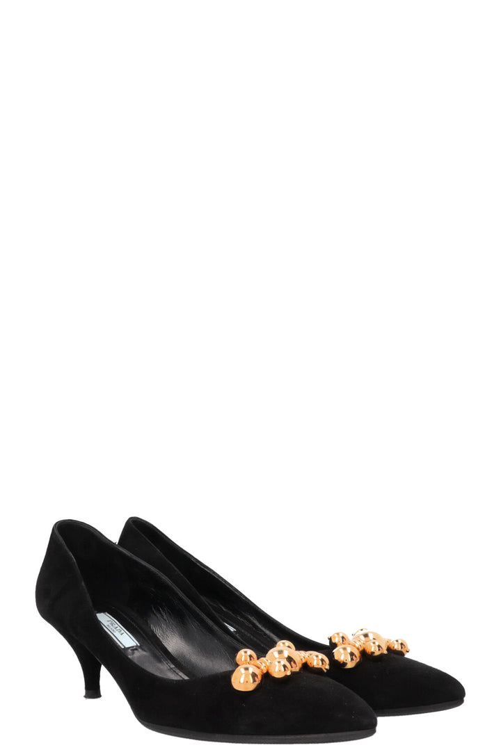 PRADA Embellished Kitten Heels Suede Black