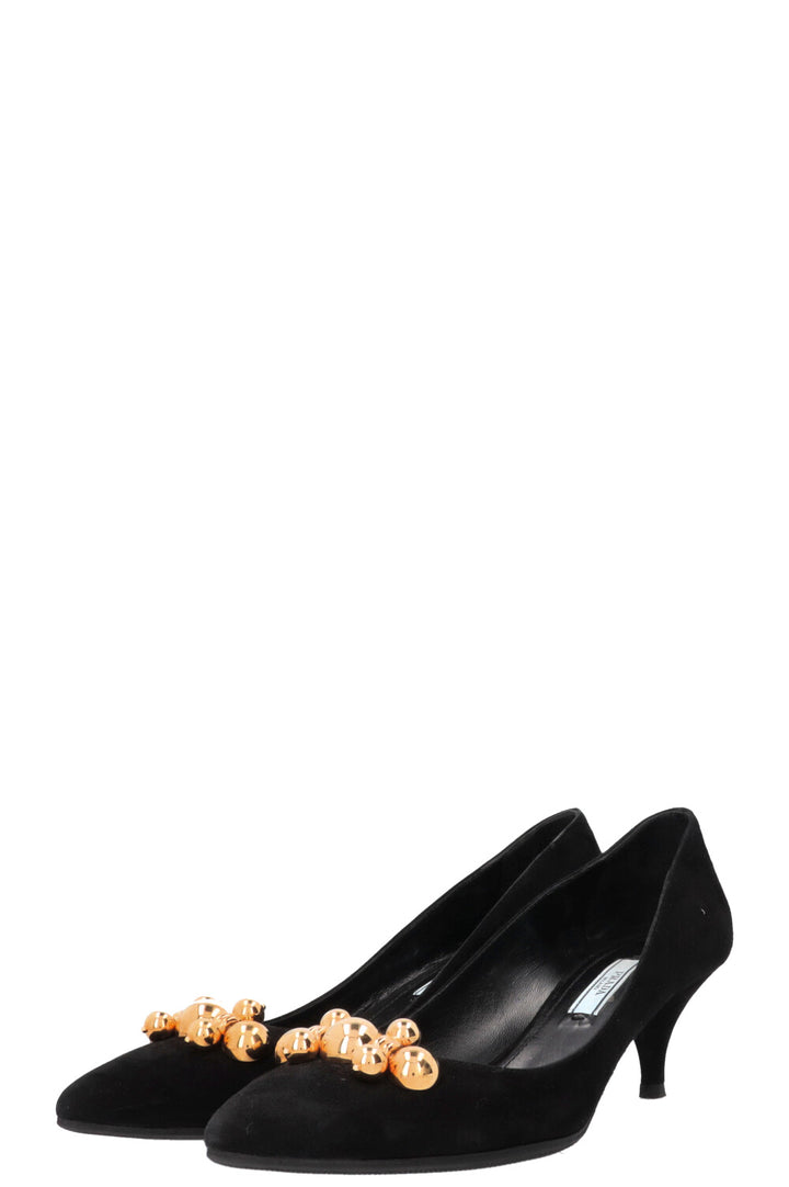 PRADA Embellished Kitten Heels Suede Black