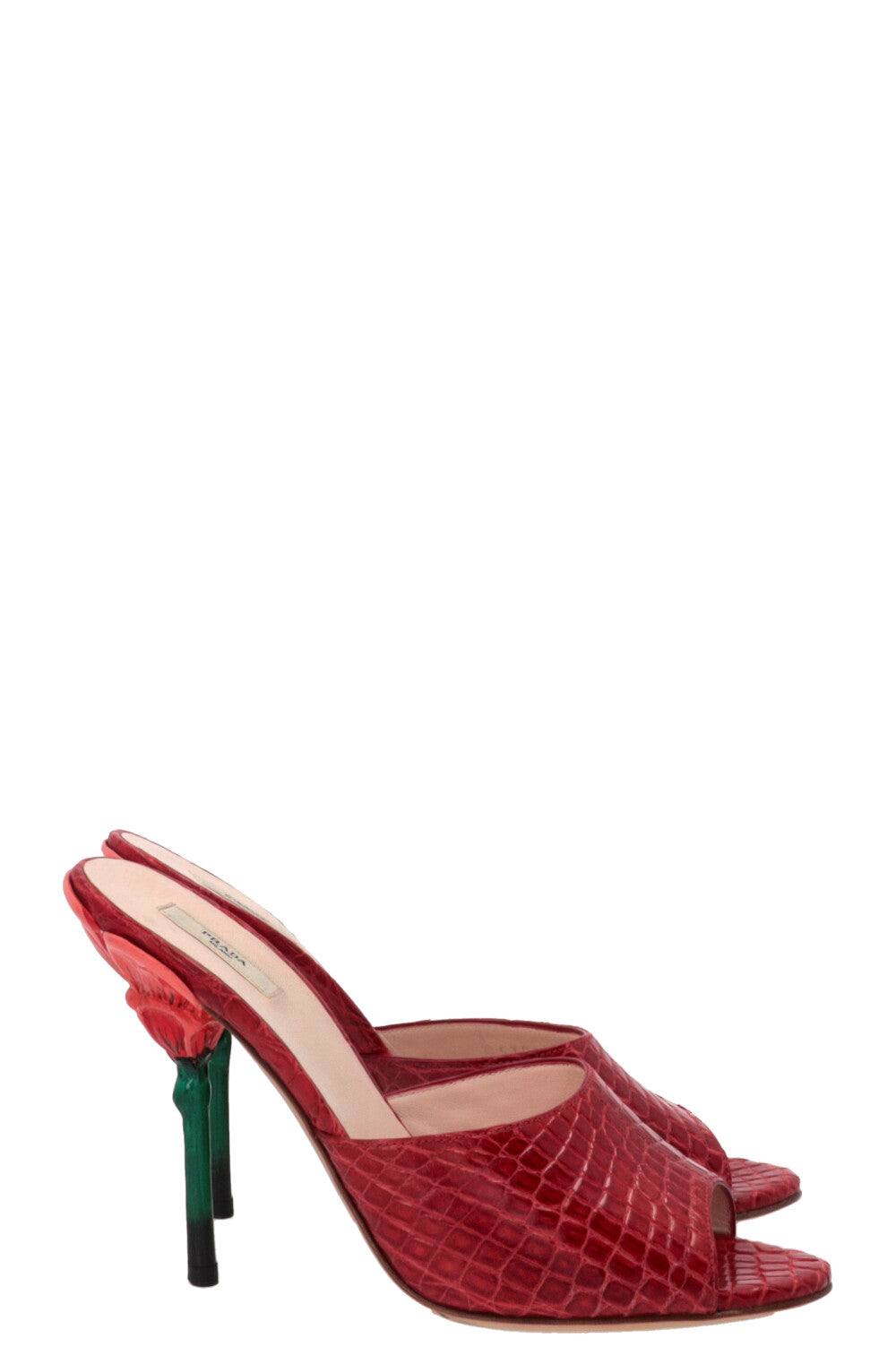 PRADA Flower Heel Mules Crocodile leather Red