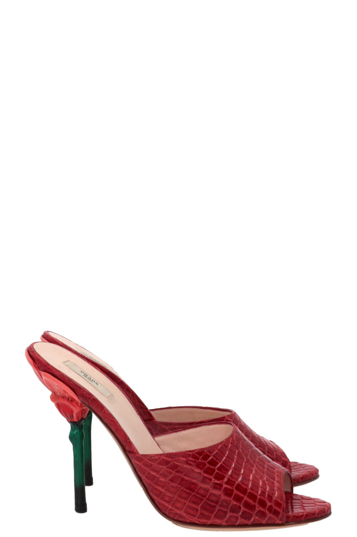 PRADA Flower Heel Mules Crocodile leather Red
