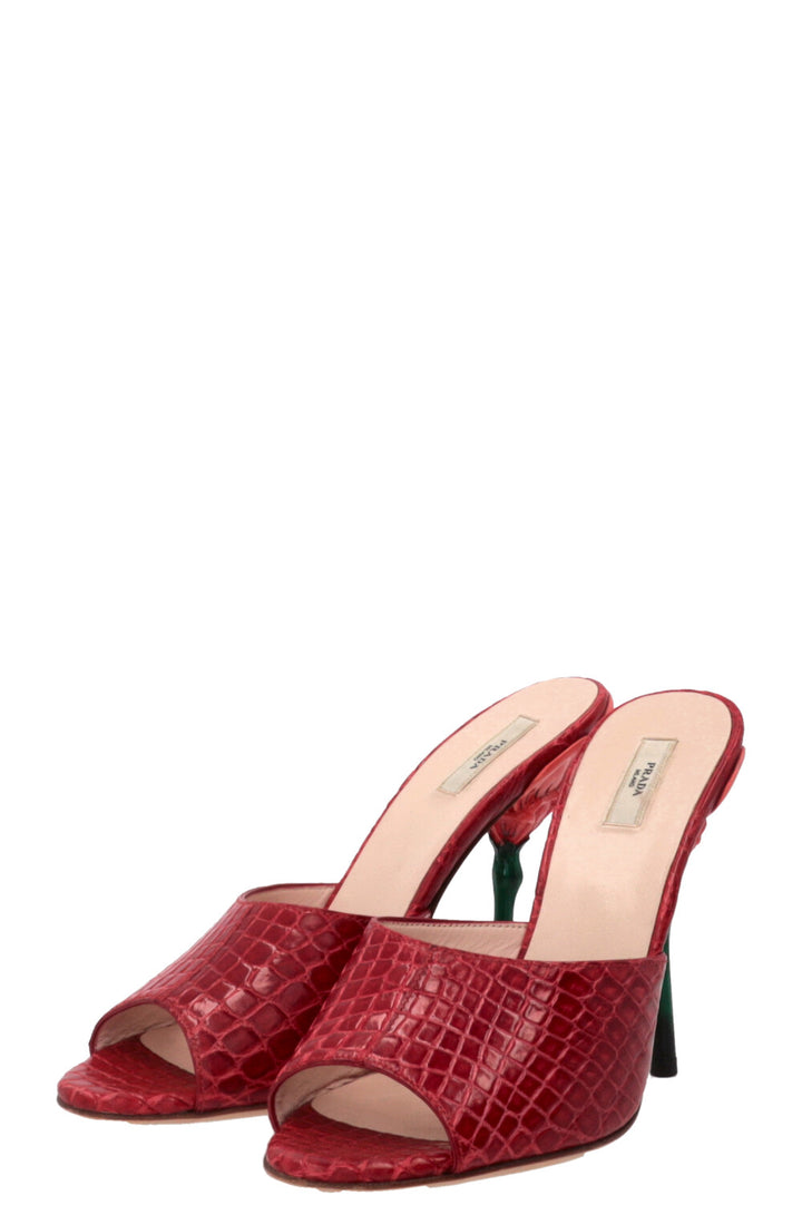 PRADA Flower Heel Mules Crocodile leather Red