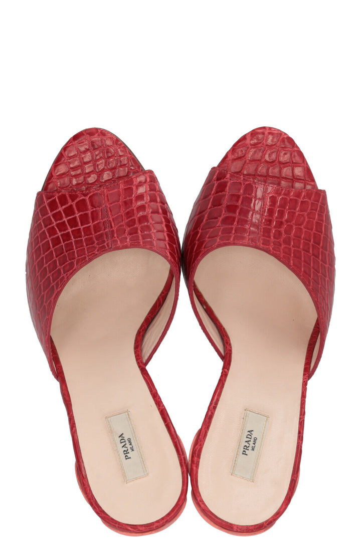 PRADA Flower Heel Mules Crocodile leather Red