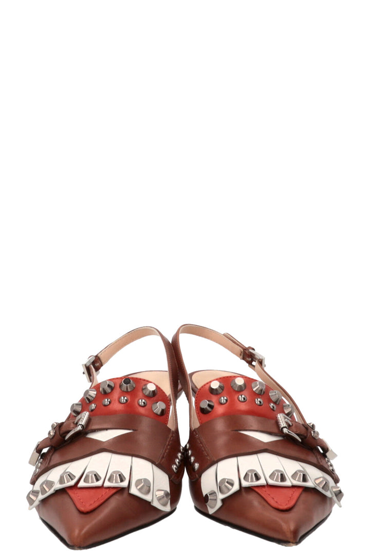 PRADA Fringed Studded Slingback Pumps Brown