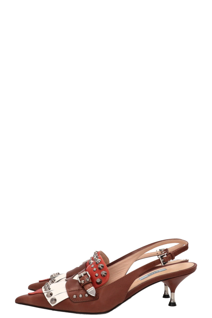 PRADA Fringed Studded Slingback Pumps Brown