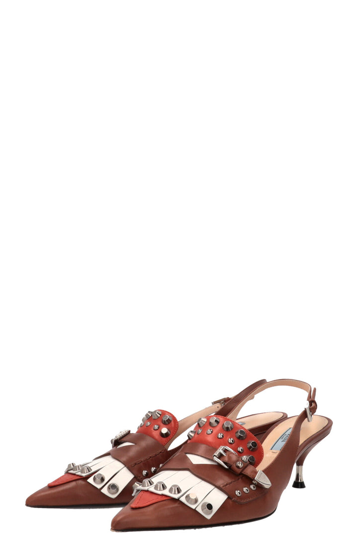 PRADA Fringed Studded Slingback Pumps Brown