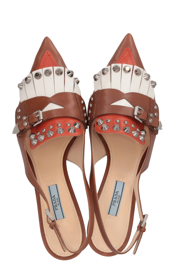 PRADA Fringed Studded Slingback Pumps Brown
