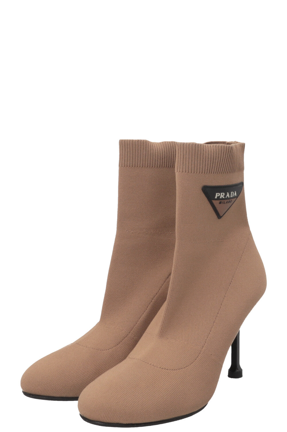 PRADA Knit Sock Ankle Boots Canvas Camel