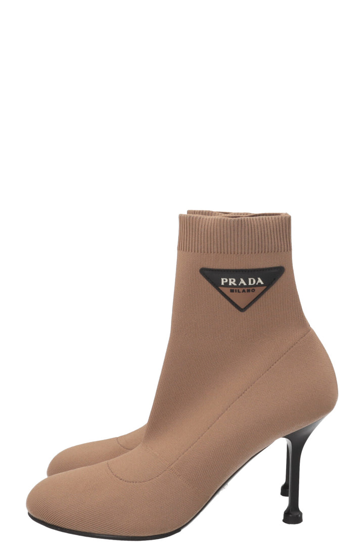 PRADA Knit Sock Ankle Boots Canvas Camel