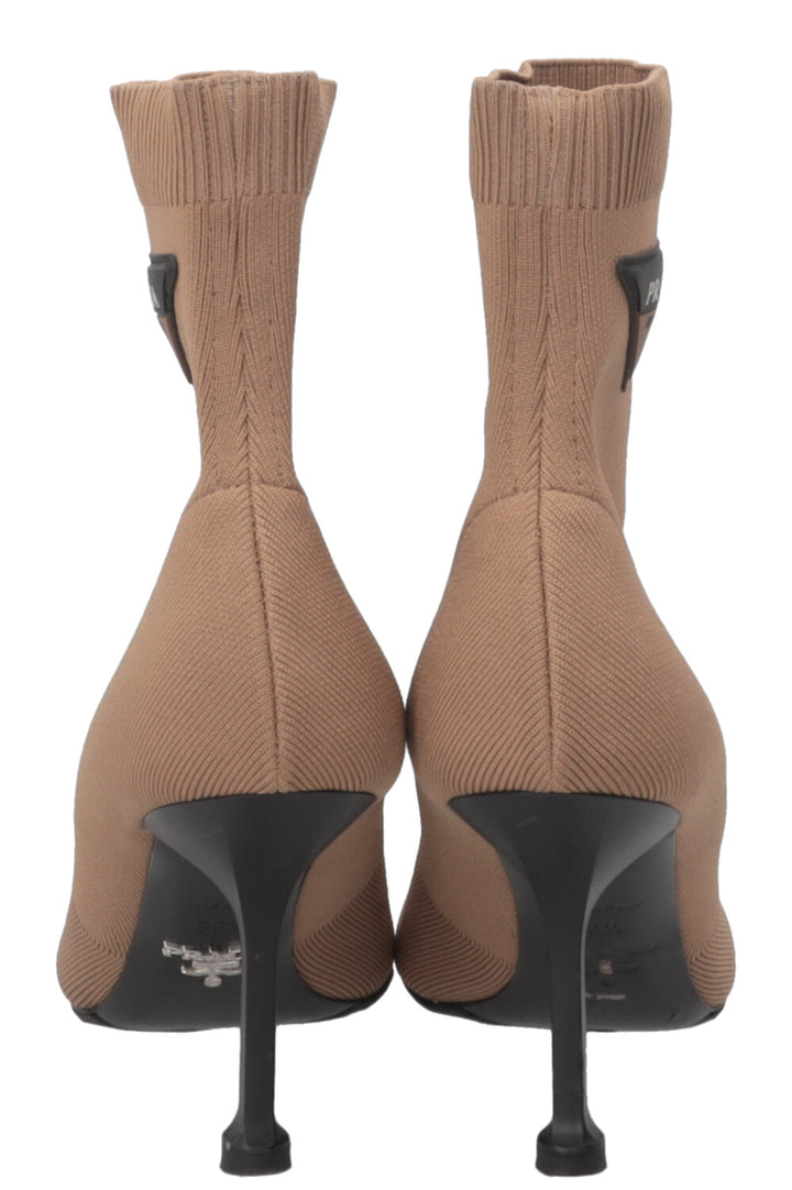 PRADA Knit Sock Ankle Boots Canvas Camel
