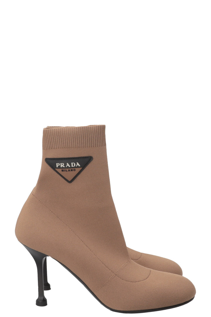 PRADA Knit Sock Ankle Boots Canvas Camel