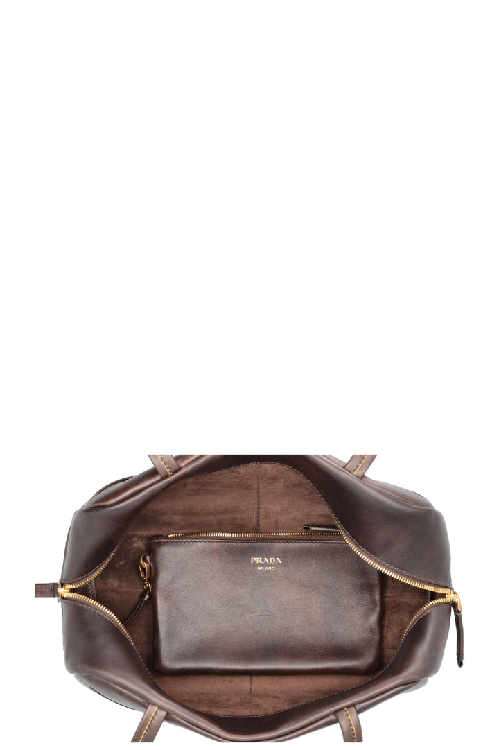PRADA Large Antique Leather Top Handle Carryall Brown