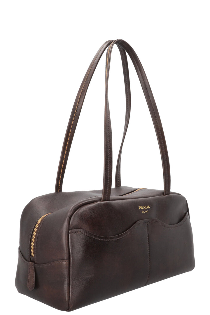 PRADA Large Antique Leather Top Handle Carryall Brown