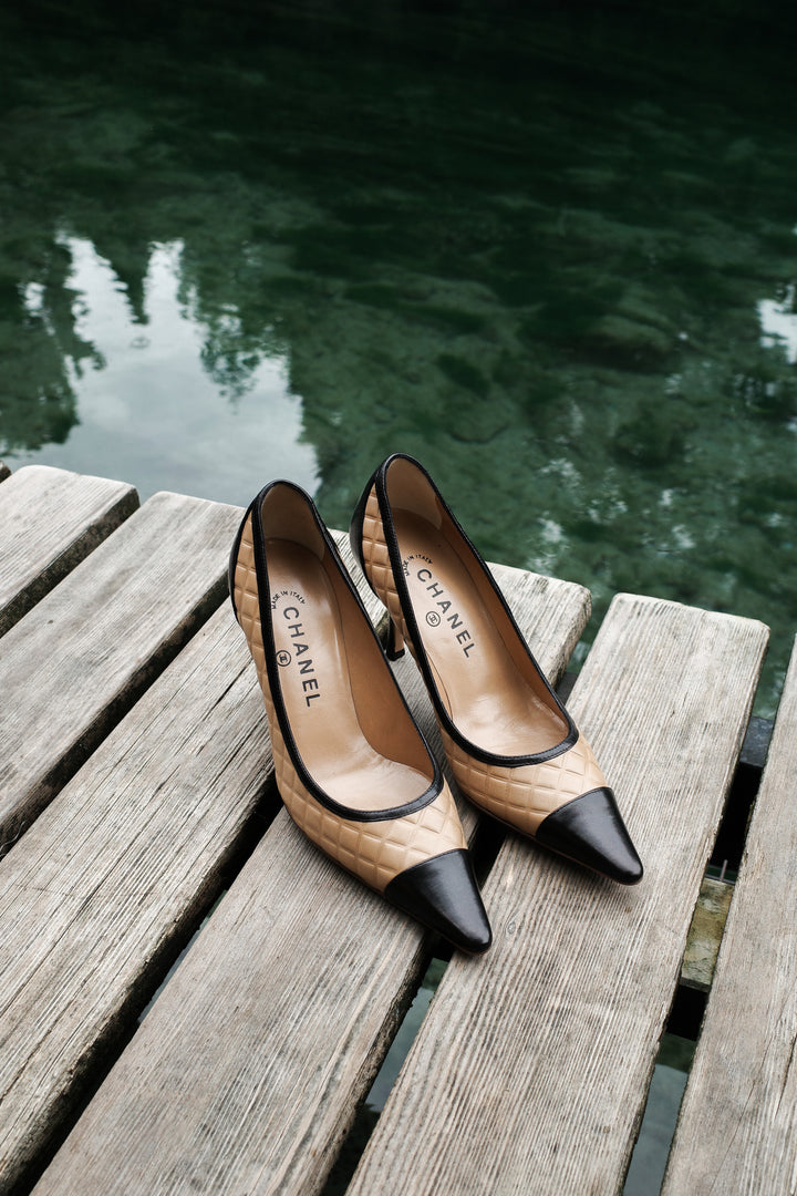 CHANEL Heels Quilted Beige Black